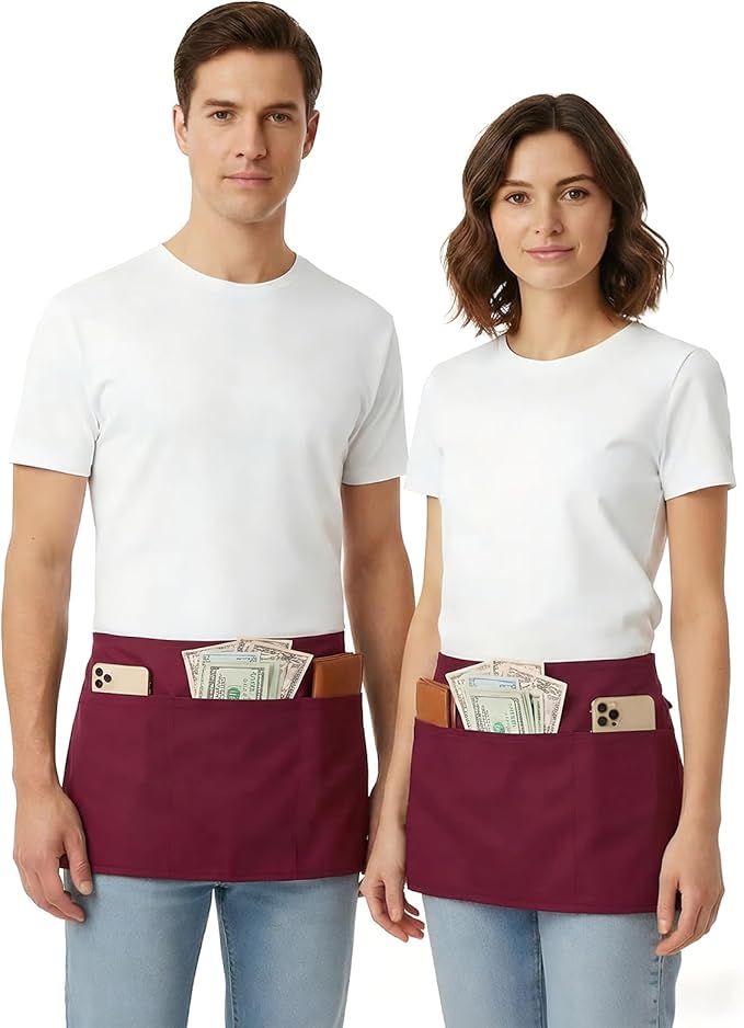 BOHARERS Waist Apron with 3 Pockets 3 Pack - Red Waitress Server Short Apron