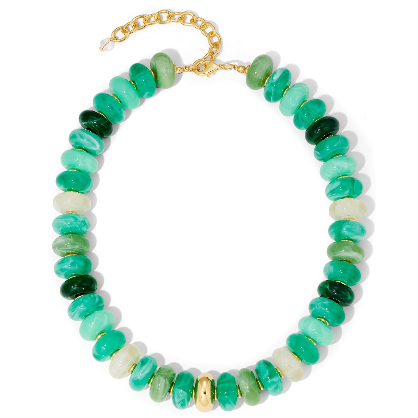 FAUTHENTICUTE Gradient Green Beaded Choker Necklace for Women Chunky Resin Bead Statement Necklace Trendy Boho Jewelry Gift For Beach Vacation