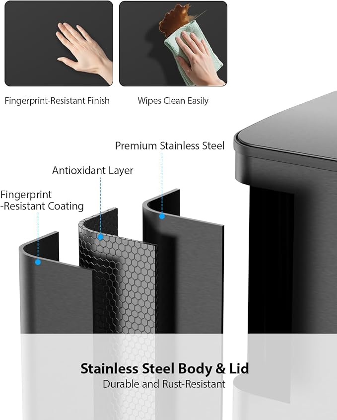 Lovewind Dual Trash and Recycling Bins for Kitchen, 2 * 11-Gallon Stainless Steel Double Trash Can, Step-On Garbage and Recycle Combo, Quiet Close, Pet-Proof, Compatible with 13-Gallon Bags, Black