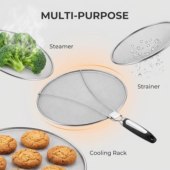 Stainless Steel Grease Splatter Guard, 11-Inch Fine Mesh Cover with Adjustable Comfort Grip Handle, Oil Splash Screen for Frying Pan, Cooking Pots, Skillet (3)
