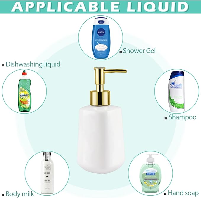 Natheeph Dish Soap Dispenser, Hand Soap Dispenser Ceramic Bottle, Refillable Liquid Great for Kitchen Dish Soap, Hand Soap, Essential Oil & Lotion (Bright White)