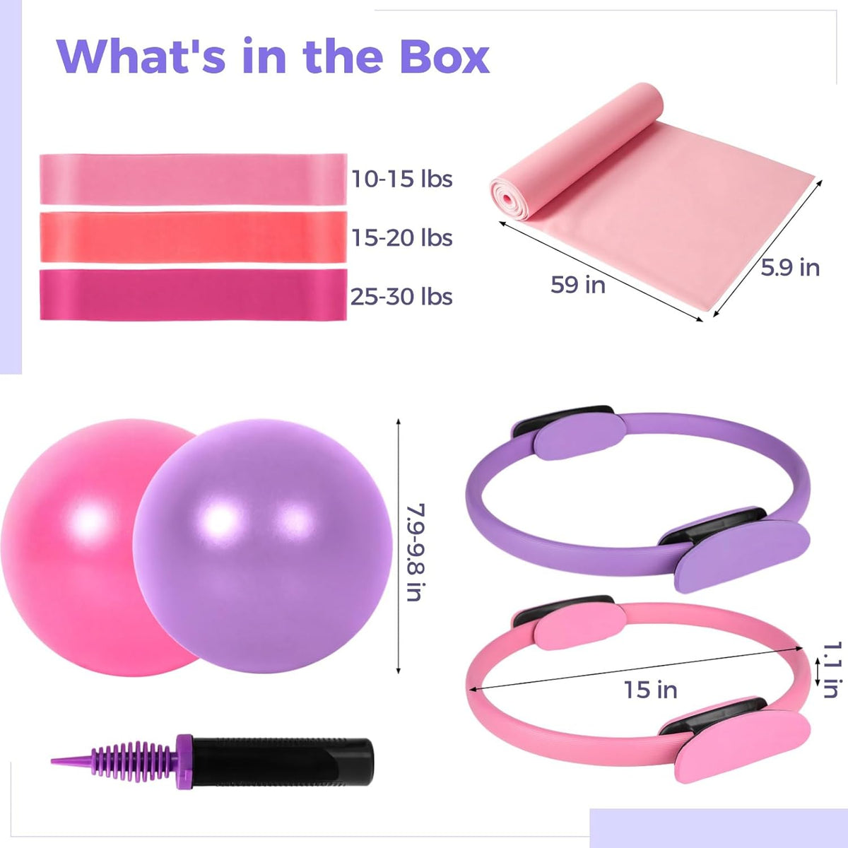 Pilates Ring and Ball Set, Includes 2 Pilates Circles, 2 Balance Balls with Pump, 3 Resistance Bands, and 1 Exercise Band, Home Pilates Equipment for Women, Versatile Fitness Kit