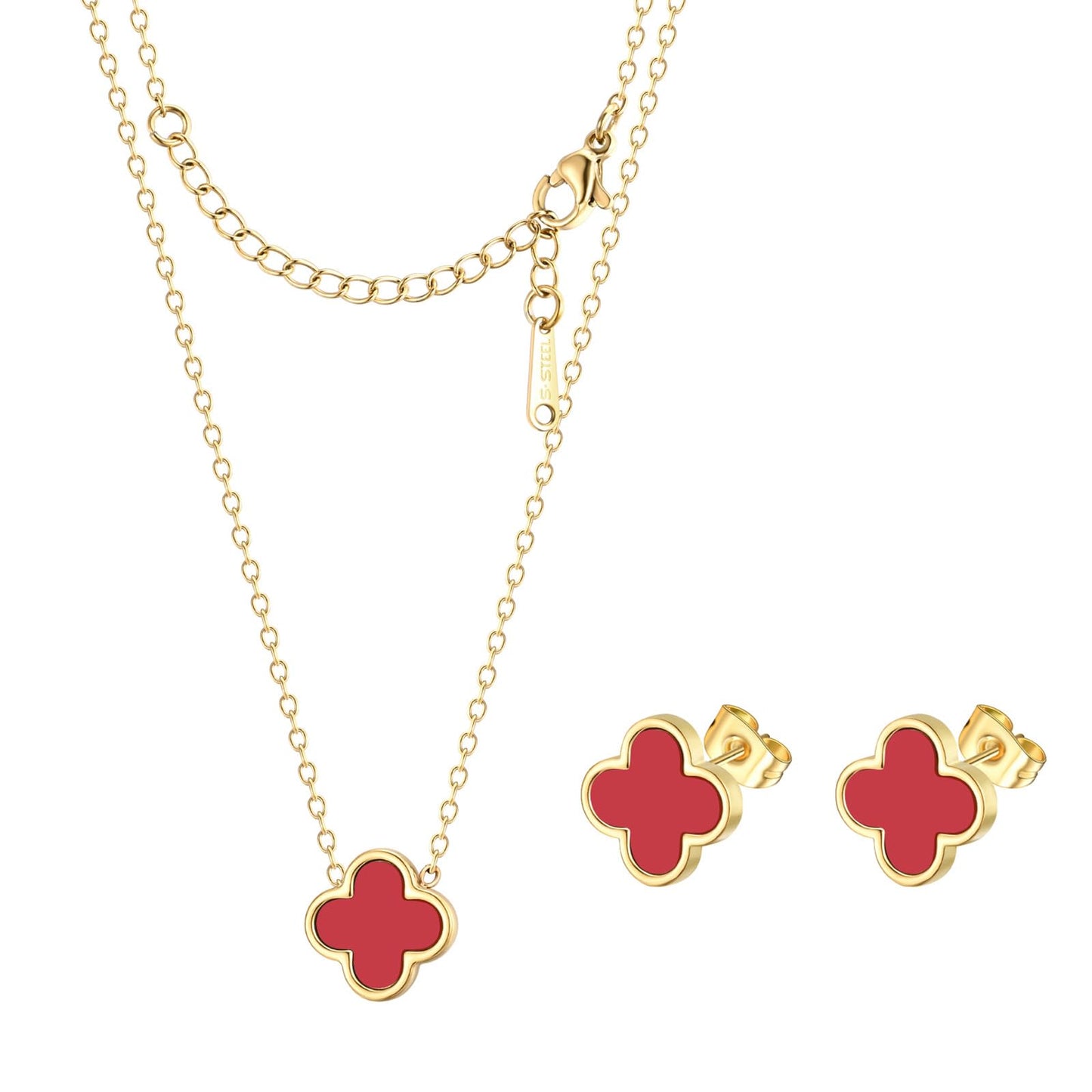 KYJAC Clover Jewelry Set - 18k Gold Plated Pendant Necklace and Stud Earrings - White, Black, Red Four Leaf Clover - Gifts for Women (Gold Red Set)