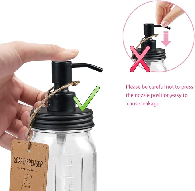 Amolliar 4 Pack Mason Jar Liquid Soap Dispensers, Rustproof Stainless Steel Lid Pump, Waterproof Sticker, Refillable Hand Soap for Bathroom, Kitchen, Dish Soap, Lotion Soap, Farmhouse Decor(Black)