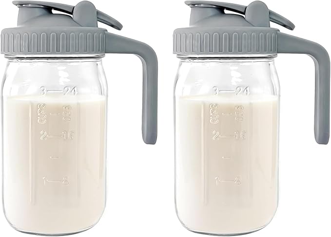 Breast Milk Pitcher - 32 oz Glass Mason Jar with Dual Leak-Proof Design, Airtight Seal, Pour Spout & Handle, Storage Container for Breastmilk, Iced Tea & Ice Drinks（2Pack Gray）