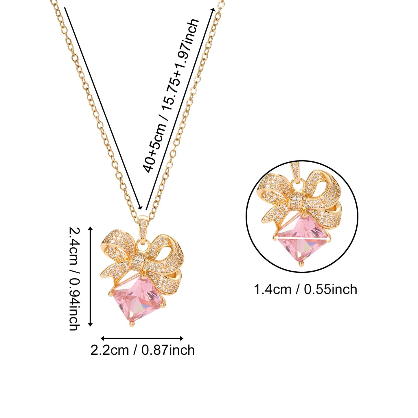 Pink Square Rose Quartz Bow Necklace for Women-Gold Plated October Birthstone Healing Crystal Vintage Necklace For Valentines Day Mother's Day Christmas Birthday Gifts