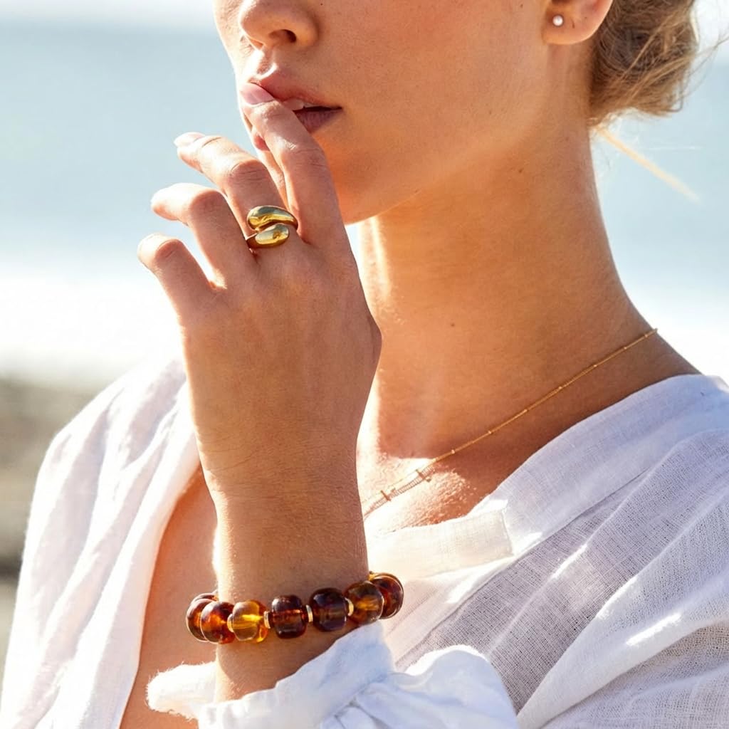 TENTMENTISE Bracelets for Women, Amber Beaded Bracelets for Women Trendy, Chunky Gold Plated Beaded Bracelets, Womens Summer Beach Boho Jewelry Gifts for Vacation Holiday