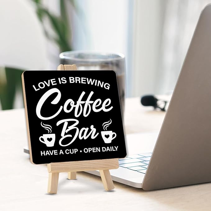 Coffee Signs, Coffee Bar Wood Sign with Easel Home Kitchen Desk Shelf Tabletop Table Decor