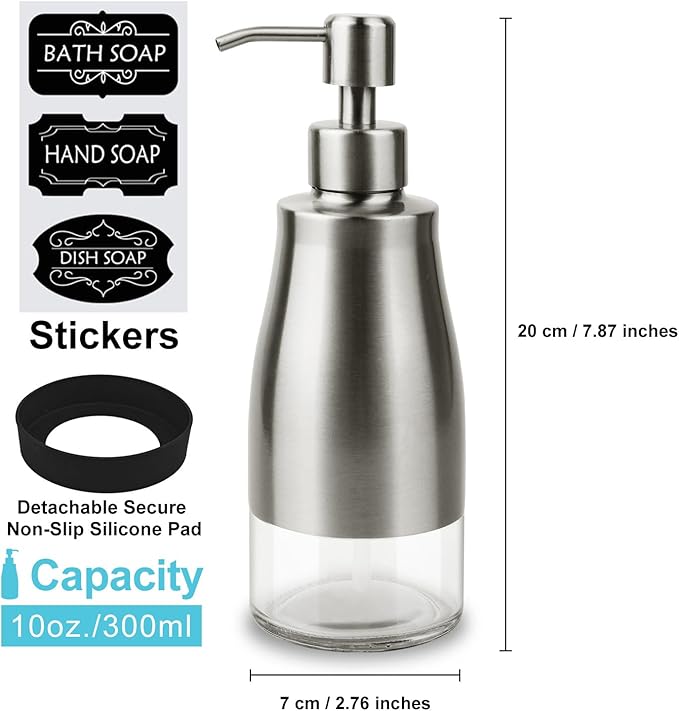 AUMIO Soap Dispenser with Non-Slip Silicone Pad - 2 Pack, Stainless Steel Case Glass Liner Hand Pump for Kitchen and Bathroom