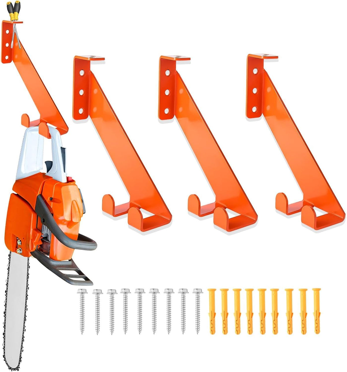 3 in 1 Chainsaw Holder 10" - Heavy Duty Chainsaw Wall Mount, 10 Gauge Steel Chain Saw Hanger for Garage Organization, Hefty Rack Storage Organizer for Chainsaw Accessories and Tools, 180lbs Capacity