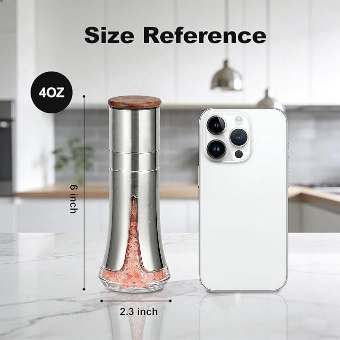 Aelga Salt Grinder Refillable - 4oz Manual Stainless Steel Salt Mill with Wood Lid, 5-Level Adjustable Coarseness, Silicone Funnel