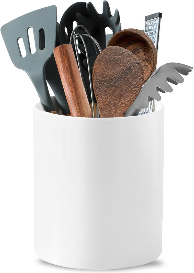 7" White Utensil Holder, Large Kitchen Utensil Holder Organizer , White Stable Utensil Crock Spatula Holder for Kitchen Counter Countertop Farmhouse Cooking Tools Holder