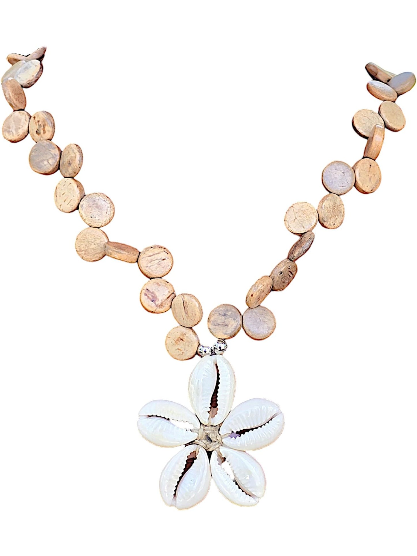 BlueRica Cowrie Shells Flower on Tan Coconut Shell Disc Beads Necklace