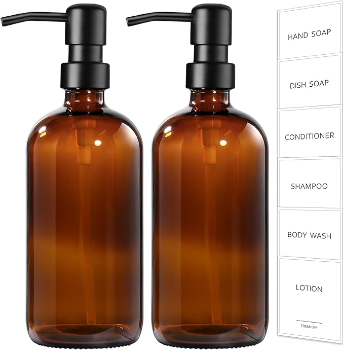 GMISUN Amber Glass Soap Dispenser, 2 Pack Bathroom Hand Soap Dispensers with Stainless Steel Pump, 17 Fl Oz Kitchen Hand and Dish Soap Dispenser Set, Modern Vintage Liquid Brown Soap Dispensers Bottle