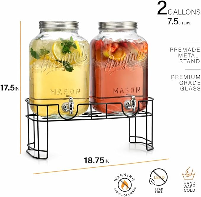 MosJos 2 GALLON Glass Drink Dispensers for Parties, 2 Pack Mason Jar Beverage Dispensers with Metal Stand, Glass Water Dispenser with Spigot, Laundry Detergent Dispenser