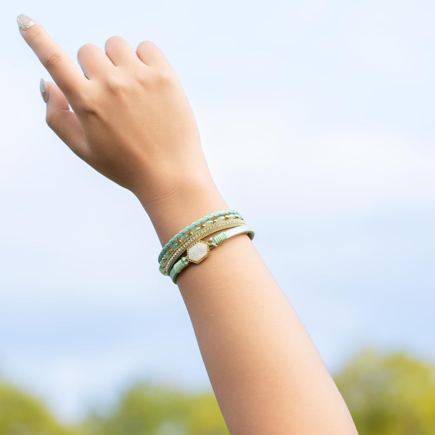FANCY SHINY Crystal Beaded Leather Wrap Bracelet Stackable Boho Jewelry for Women Trendy Braided Resin Stone Bangle Cuff with Magnetic Clasp(Green)