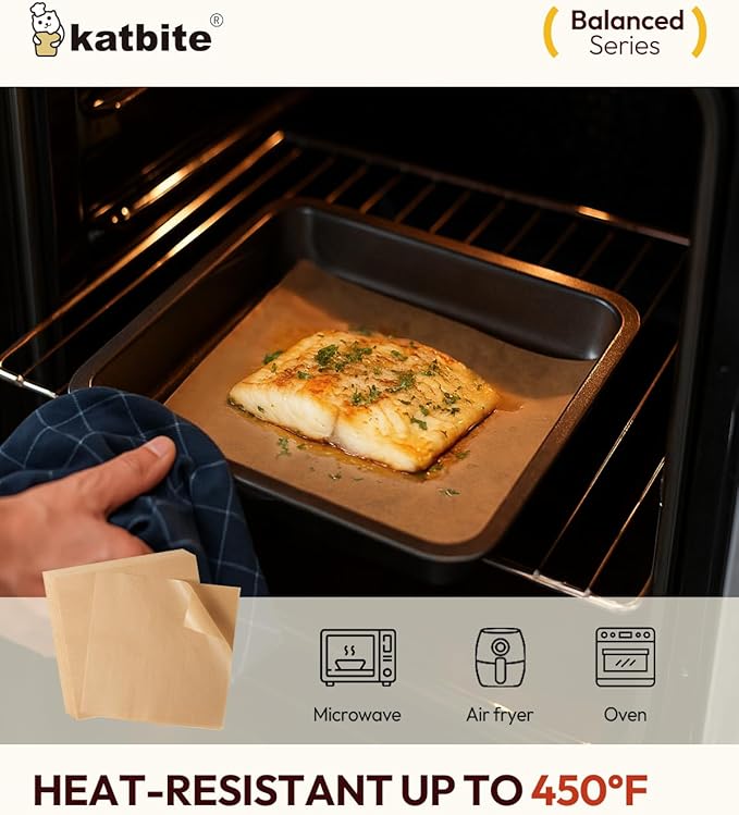 Katbite 200 Pcs Parchment Paper, 8 x 8 Inch Unbleached Baking Paper, Oil Resistant & Easy Clean, Non-Stick Precut Parchment Paper Sheets for Baking Square, Cooking, Air Fryer [Balance Series]