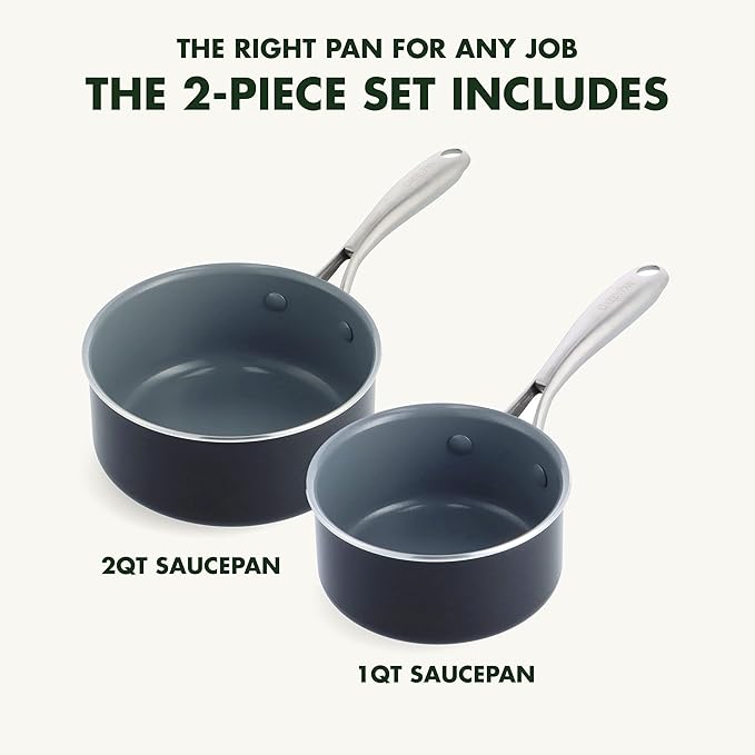 GreenPan Swift Healthy Ceramic Nonstick, 1QT and 2QT Saucepan Set, Stainless Steel Handle, PFAS-Free, Dishwasher Safe, Oven Safe, Black