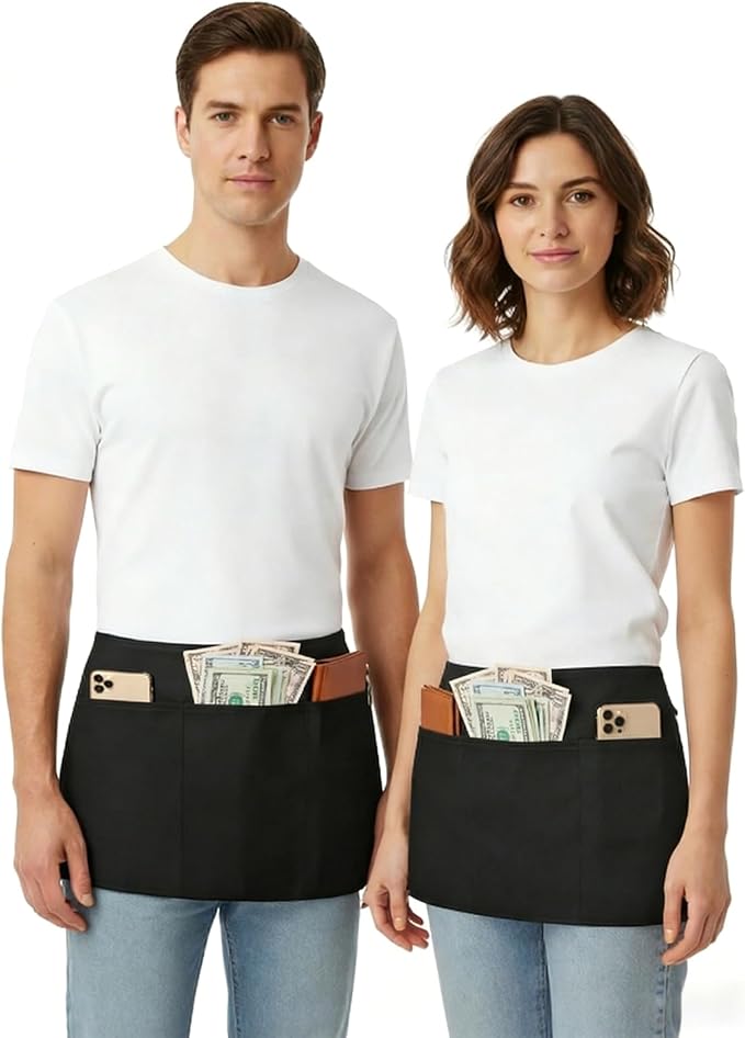 BOHARERS Waist Apron with 3 Pockets 10 Pack - Black Waitress Server Short Apron
