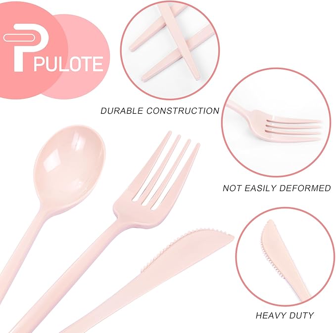 PULOTE 150PCS Pink Plastic Silverware - Plastic Cutlery Heavy Duty - Pink Utensils Set Disposable Include 50 Forks, 50 Spoons, 50 Knives for Wedding, Party & Mother’s Day