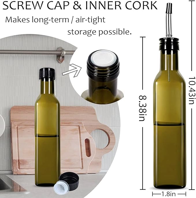 Glass Olive Oil Bottle - 250ml Second Generation Brown Oil & Vinegar Cruet with Pourers and Funnel - Olive Oil Carafe Decanter for Kitchen - (8.5 Oz Ounce)