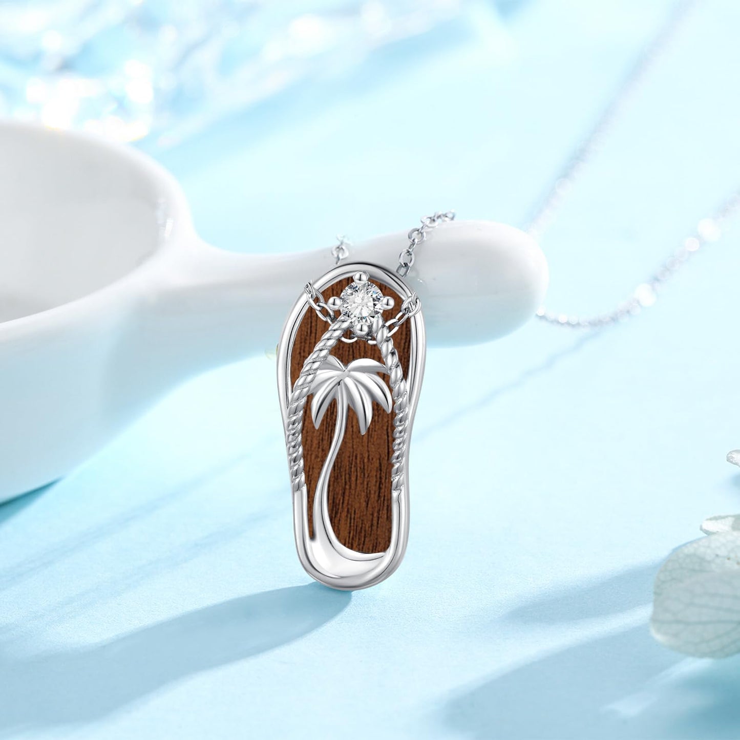 Midir&Etain Flip Flop Necklace 925 Sterling Silver Palm Tree Pendant Beach Wooden Necklace Flip-Flop Wood Jewelry for Women
