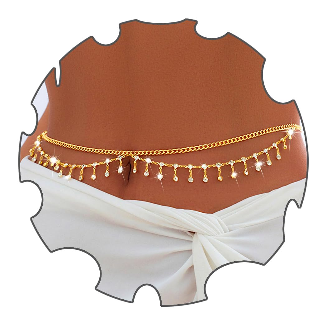 Florry Rhinestone Belly Chain Crystal Waist Chain Bikini Body Jewelry Chains Beach Belly Chain for the Waist Tassel Layered 18K Gold Body Chains for Women (Crystal)