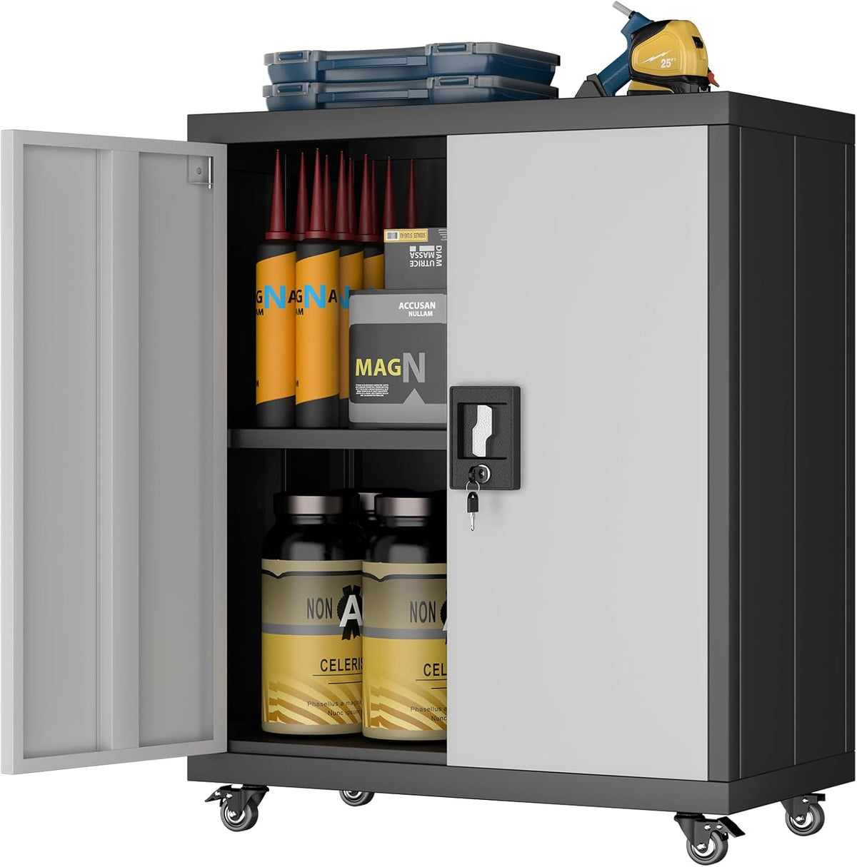 LUCYPAL Metal Storage Cabinet with 2 Doors,Steel Storage Cabinet with Adjustable Shelves and Wheels,Locking Tool Cabinets for Office,Home,Garage,Black&Grey 31.5" H