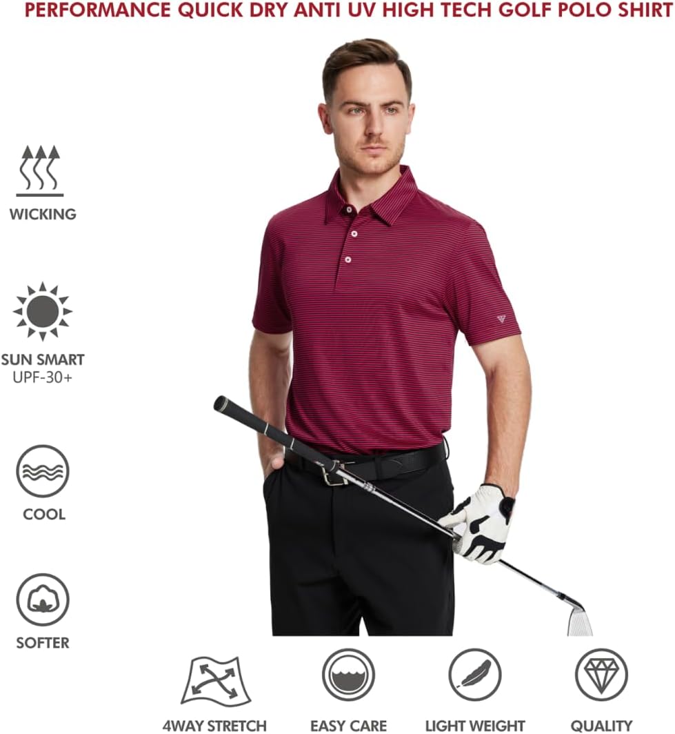 Men's Golf Polo Shirts Short Sleeve Striped Performance Moisture Wicking Dry Fit Golf Shirts for Men