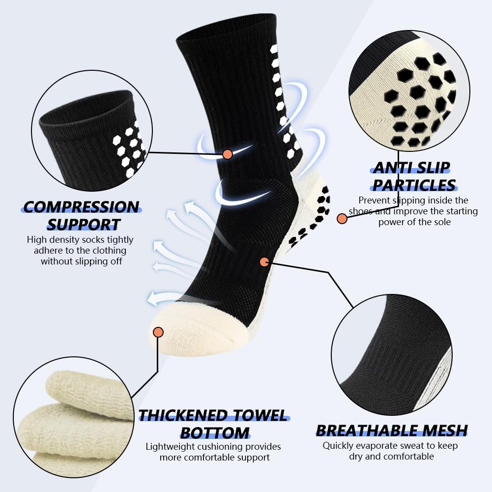 3 Pairs Mens Grip Soccer Socks, 3 Pairs Shin Sleeves with 1 Pack Shin Guards and 4 Shin Straps, Soccer Football Game Set 11 Pcs