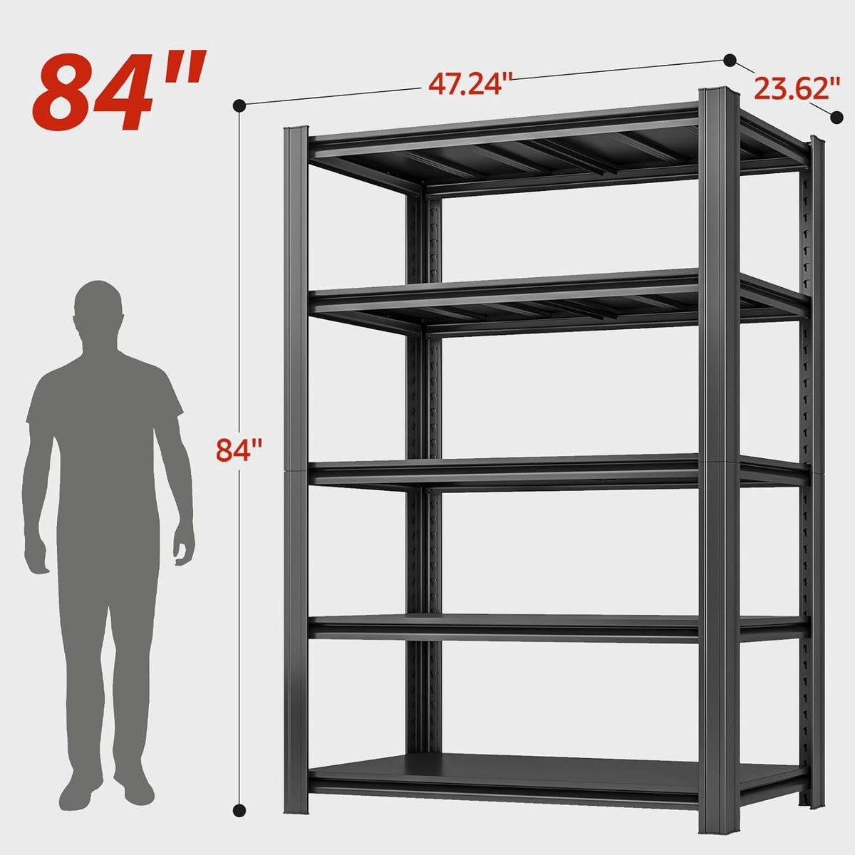 84" H x 47.24" W 5 Tier Metal Garage Shelves, 3000 LBS Adjustable Storage Shelving Unit for Warehouse, Basement, Kitchen, Store Display, Flower Stand, Office, Classroom, 24" D, Black