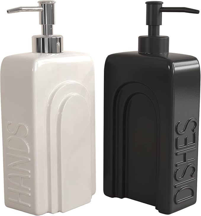 Soap Dispenser Set with Funnel, Non-Slip Silicone Pads, 2 Pack Ceramic Refillable Dish Soap and Hand Soap Dispenser for Kitchen, Bathroom, Matte Black and White