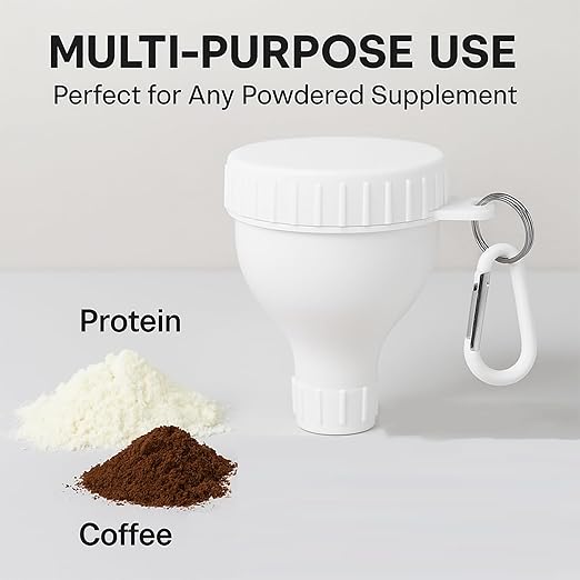 2 Pack Protein Powder Container to Go - Mini Funnel with Keychain and Keyring, Water Bottle Funnel for Shakers（White）