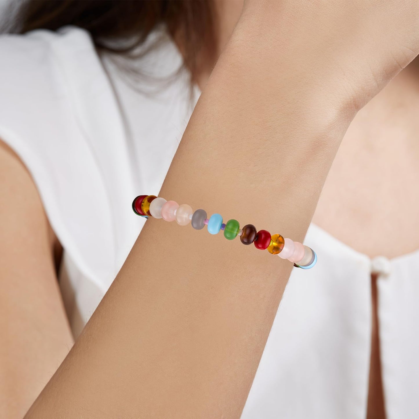 Boho Beaded Bracelets for Women, Colorful Summer Beach Bangle Bracelets, Natural Stone Rainbow Bead Bracelet, Handmade Trendy Fashion Jewelry Gifts(8MM)