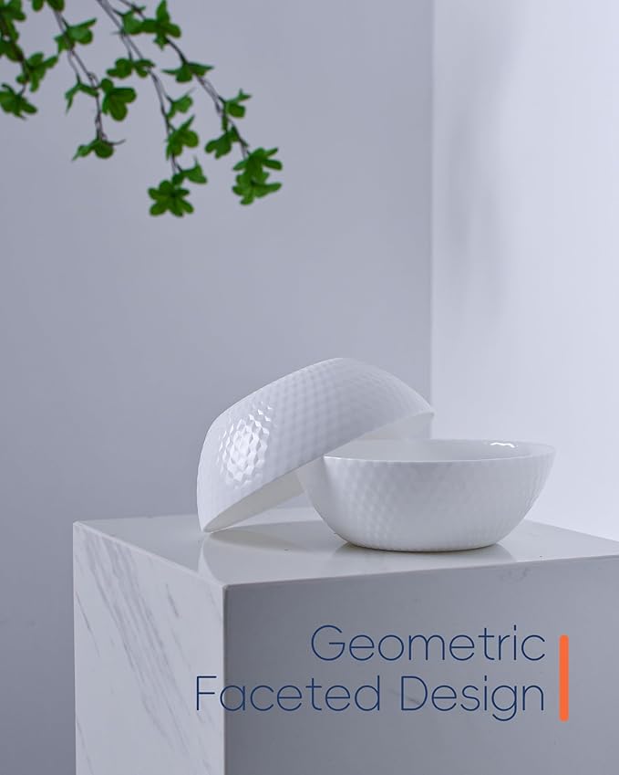 27 OZ Max Cereal Soup Bowl Set of 6, Opal Glass 7.2 inch White Geometric Faceted Bowls for Ramen, Noodle, Salad, Fruit, Dishwasher and Microwave Safe