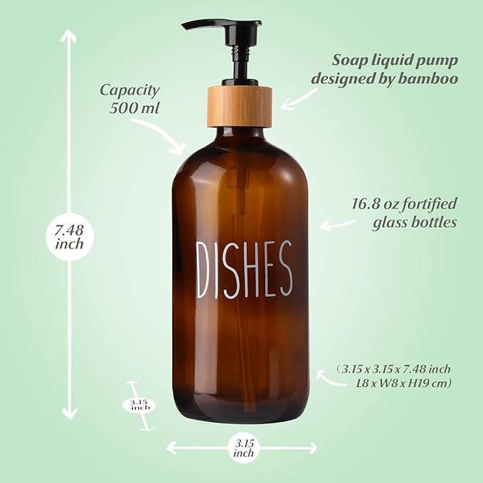 LOOCHICA Dish Amber Glass Soap Dispenser with Plastic Pump, 16 Oz Brown Dish Soap Dispenser Set Refillable Reusable Apothecary Soap Pump Dispenser Bottles for Bathroom and Kitchen
