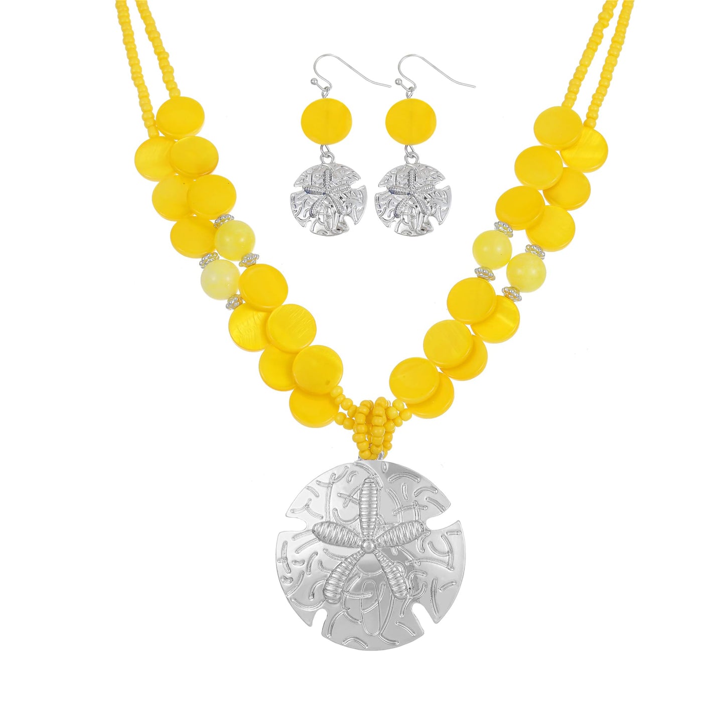 Perla Boho Starfish Necklace for Women, Chunky Layered Shell Beads Choker Necklace and Earrings Set, Ocean-Themed Summer Beach Jewelry (Yellow)