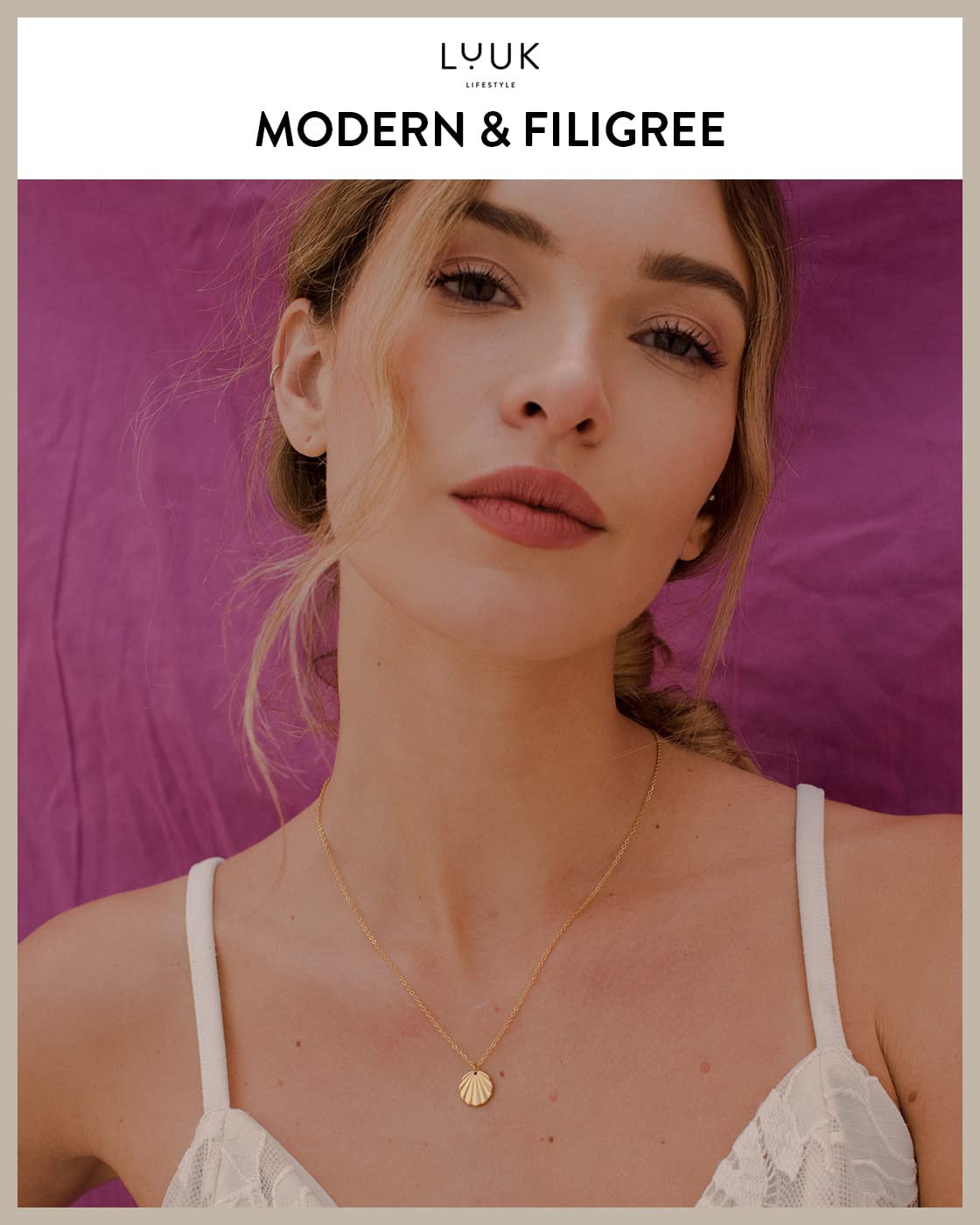 LUUK LIFESTYLE Stainless steel necklace for women with shell pendant and HAPPINESS gift card, lucky charm, jewellery, beauty symbol, 19” adjustable chain length, trendy fashion accessory, gold