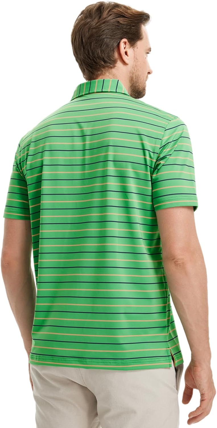 Rouen Mens Golf Shirt Moisture Wicking Dry Fit Performance Stripe Casual Collared Short Sleeve Golf Polo Shirts for Men