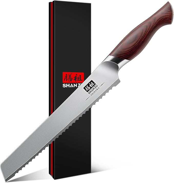 SHAN ZU Bread Knife 8 Inch, Japanese High Carbon 10Cr15Mov Stainless Steel Cake Knife, Razor Sharp Sourdough Slicing Knife, Multifunction Serrated knife for Homemade Bread