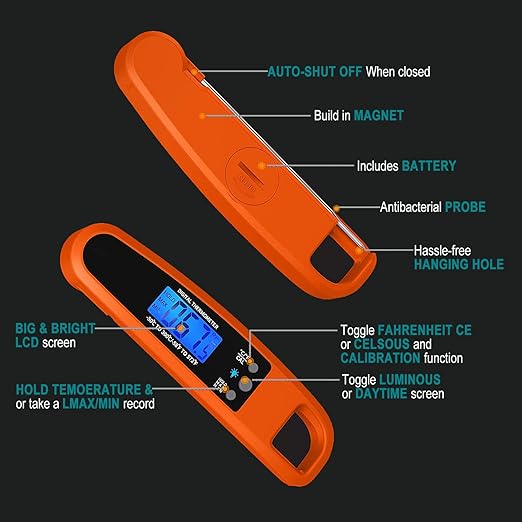 Instant Read Meat Thermometer for Kitchen Cooking, Ultra Fast Precise Waterproof Digital with Backlight, Magnet and Foldable Probe for Food,Deep Fry, Outdoor BBQ, Grill(Orange)