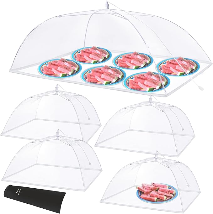 Anpro Food Covers for Outdoors - 1 Extra Large (40"x25") + 4 Large (17"x17") Pop-Up Mesh Food Tents, Collapsible Reusable Bug-Proof Nets for Picnics, BBQs & Camping, Stainless Steel Frame