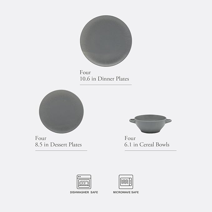 Gibson Elite Clover Hill 12-Piece Stoneware Dinnerware Set – Dark Blue Embossed Plates and Bowls with Matte Speckled Reactive Glaze, Service for 4 – Microwave & Dishwasher Safe