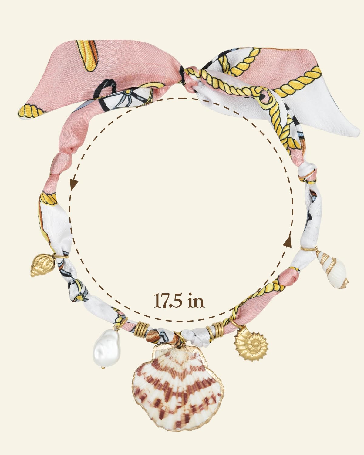 DoDoBeads Scarf Charm Necklace – Shell Romance – Pink Nautical Scarf Necklace with Stainless Steel Shells & Pearl Charm, Adjustable Bandana Jewelry for Women