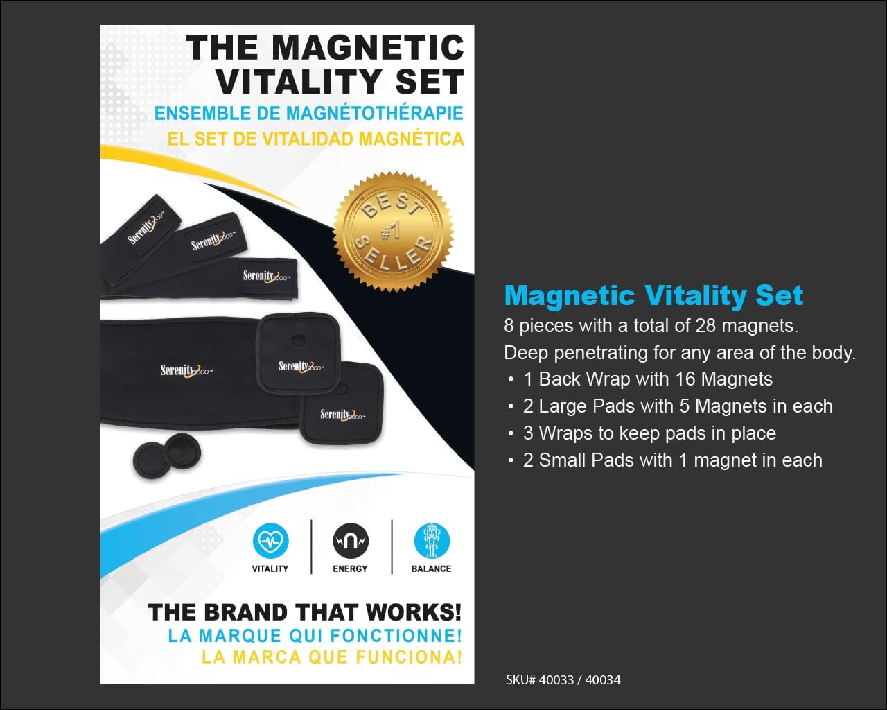 SERENITY2000 Full Body Magnetic Vitality Set for Back, Head, Wrist, Knee, Elbow, Ankle to Support, Relieve Discomfort, Improve Circulation - Eight-Piece Set with Magnetic Pads and Velcro Straps (Small/Medium - Waist up to 32")