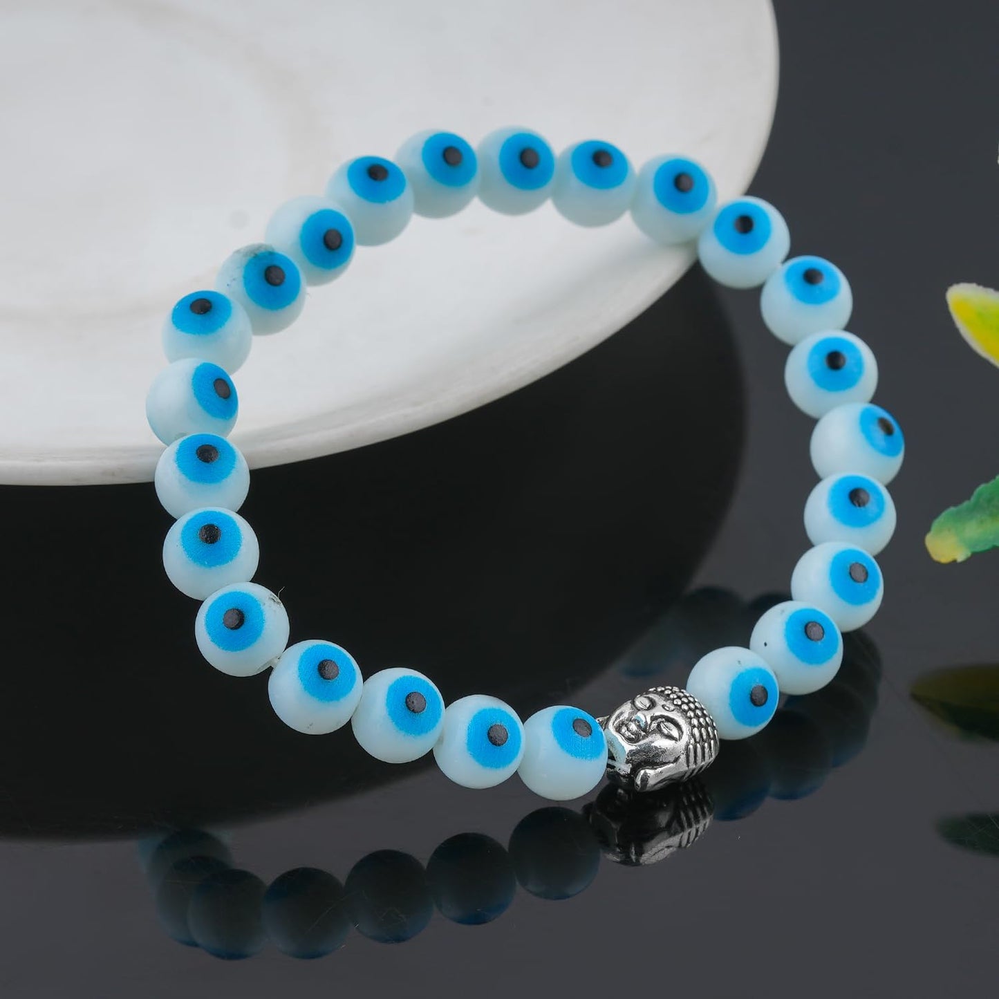 CRYSTALINES Buddha Charm Stretchable Braceclet, Evil Eye Gemstone Beads, Plain Round Stones, Handmade Boho Strech Bracelet, Adjustable Spiritual Healing Crystal Unisex Jewelry Gift