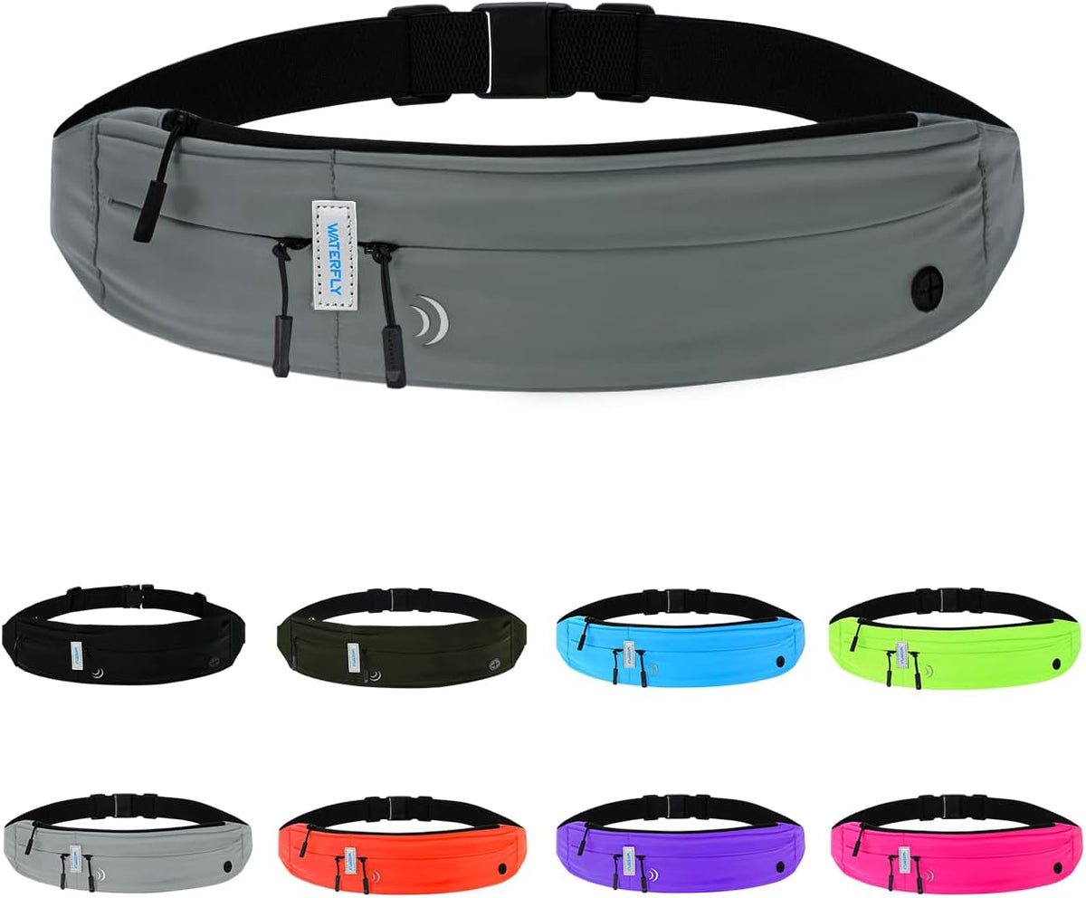 WATERFLY Running Belt Fanny Pack: Runner Marathon Jogging Waist Pack Sport Workout Exercise Fitness Phone Holder Belt for Men Women Jogger Slim Waistband Dark Grey