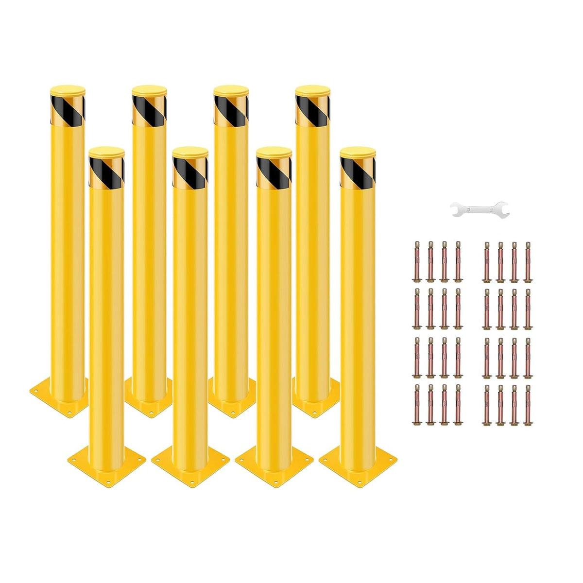 8 Pack Safety Bollard Post, 48 Inch Height 4.5 Inch Diameter Yellow Pipe Safety Steel Bollards with Anchor Bolts and Wrench, Steel Bollards for Road Warning Construction Traffic Control