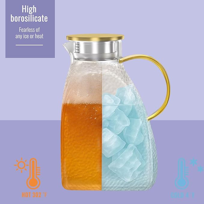 WARMSIMPLE 2 Pack Glass Pitcher With Handle And Lid, Large 2 Liter Glass Water Pitcher For Fridge, 68oz glass Tea pitcher Hot And Cold Iced Juice Coffee Milk, Jug Carafe For Beverages Drink