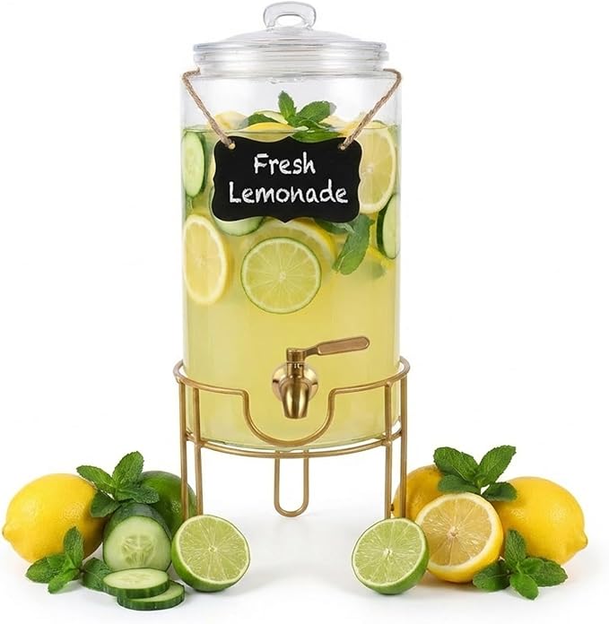 Drink Dispensers for Parties 1 Gallon, Bevarage Dispenser with Stand,Glass Drink Dispenser With Stainless Steel Spigot + Marker & Chalkboard, Ideal for Lemonade,Juice, Tea, and Party Drinks